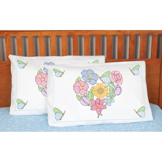 Jack Dempsey Stamped Pillowcase Shams 2/Pkg-Flowers & Hearts {3}