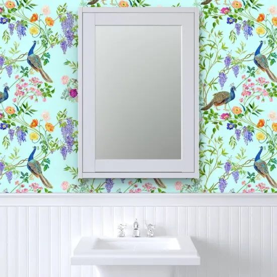 Pre-Pasted Wallpaper 2FT Wide Peacock Chinoiserie Maximalist Spring Floral Forest Elegant Botanical Aqua Mint Light Blue Large Scale Custom Pre-pasted Wallpaper by Spoonflower {6}