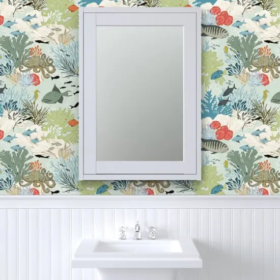 Pre-Pasted Wallpaper 2FT Wide Coral Reef Sea Life Nautical Aqua Fish Beach Ocean Octopus Custom Pre-pasted Wallpaper by Spoonflower {6}