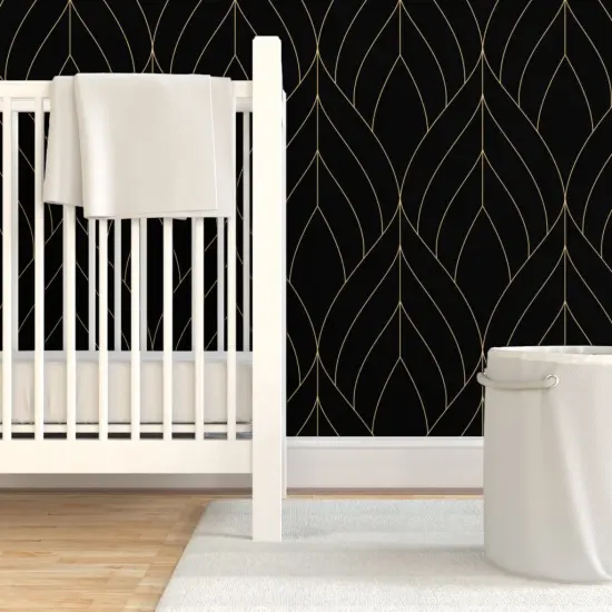 Pre-Pasted Wallpaper 2FT Wide Art Deco Blossoms Chic Modern Elegant Jazz Gold Black Custom Pre-pasted Wallpaper by Spoonflower {7}