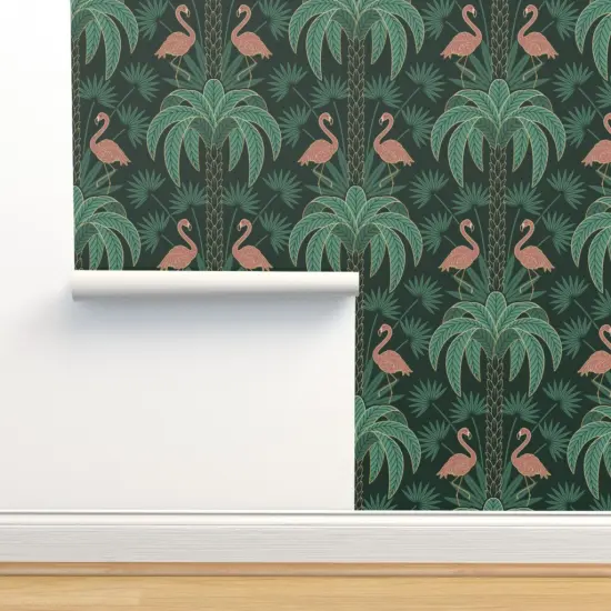 Peel & Stick Wallpaper 2FT Wide Tropical Art Deco Flamingo Tropical Moody Flora Miami Plants Damask 1920S Elegant Maximalism Custom Removable Wallpaper by Spoonflower {2}