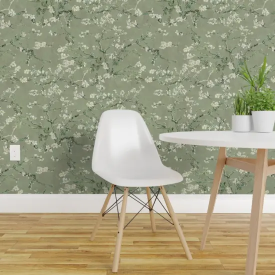 Peel & Stick Wallpaper 2FT Wide Impressionist Spring Bloom Sage Green Floral Botanical Nature Leaf Delicate Custom Removable Wallpaper by Spoonflower {1}