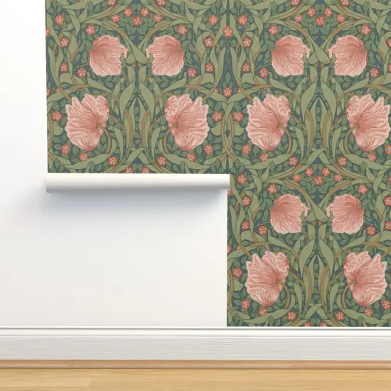 Peel & Stick Wallpaper 2FT Wide Pink Floral Green Botanical Victorian Garden William Morris Vintage Flower Leaves Art Nouveau Large Scale Custom Removable Wallpaper by Spoonflower {2}