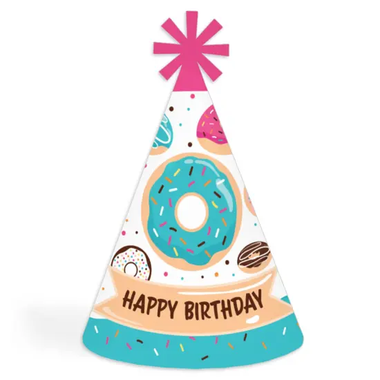 Big Dot of Happiness Donut Worry, Let&rsquo;s Party - Cone Happy Birthday Party Hats for Kids and Adults - Set of 8 (Standard Size) {1}