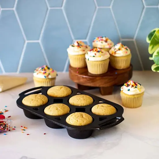 Lodge Cast Iron Muffin Pan, Pre-seasoned and Dual Handles, Made in USA, 6 Cups {4}