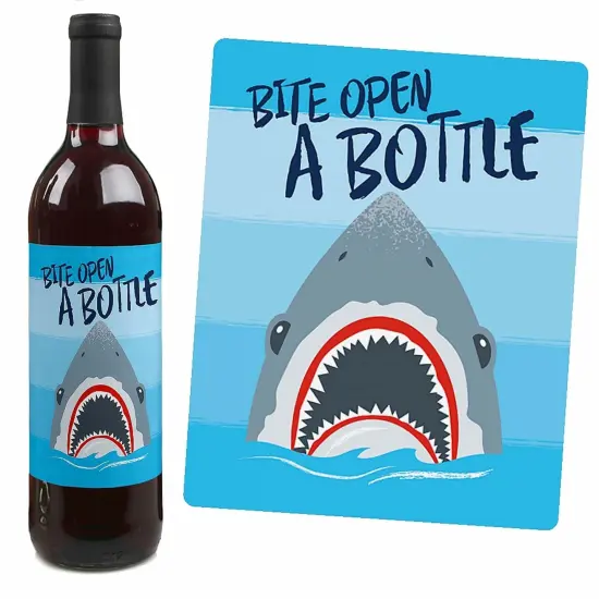 Big Dot of Happiness Shark Zone - Jawsome Party Decorations for Women and Men - Wine Bottle Label Stickers - Set of 4 {5}