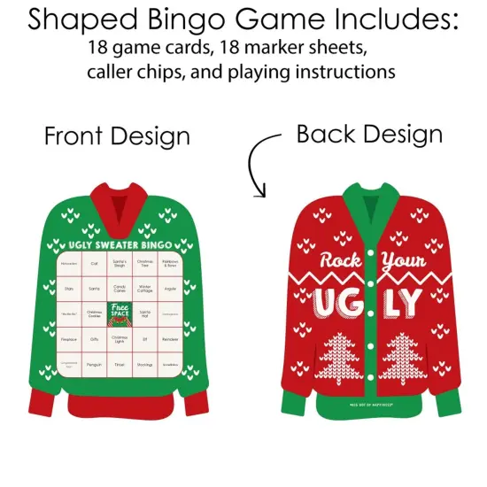 Big Dot of Happiness Ugly Sweater - Bar Bingo Cards and Markers - Holiday and Christmas Party Shaped Bingo Game - Set of 18 {6}