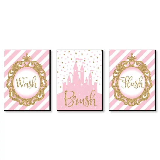Big Dot of Happiness Little Princess Crown - Kids Bathroom Rules Wall Art - 7.5 x 10 inches - Set of 3 Signs - Wash, Brush, Flush {1}