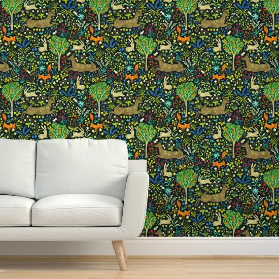 Peel & Stick Wallpaper 2FT Wide Medieval Animals Vintage Look Woodland Deer Fox Forest Wildflowers Custom Removable Wallpaper by Spoonflower {5}