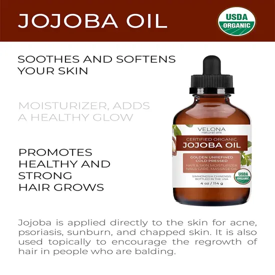 Velona Jojoba Oil USDA Certified Organic - 4 oz | 100% Pure and Natural Carrier Oil| Golden, Unrefined, Cold Pressed, Hexane Free | Moisturizing Face, Hair, Body, Skin Care, Stretch Marks, Cuticles | Use Today - Enjoy Results {2}