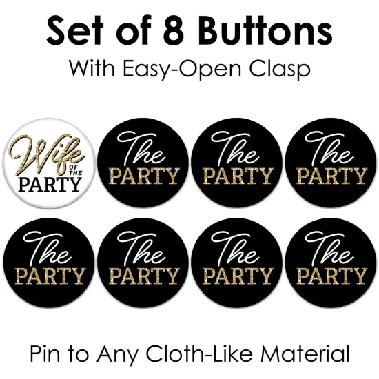 Big Dot of Happiness Wife of the Party - 3 inch Black and Gold Bachelorette Party Badge - Pinback Buttons - Set of 8 {7}