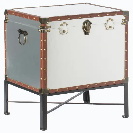 Faux Leather Trimmed Lockable Square Lined Storage Trunk, End Table on Metal Stand Silver {3}