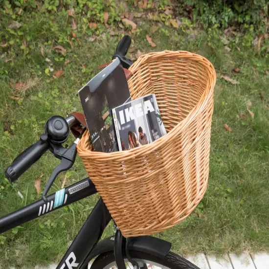 Wicker Front Bike Storage Basket with Faux Leather Straps {3}