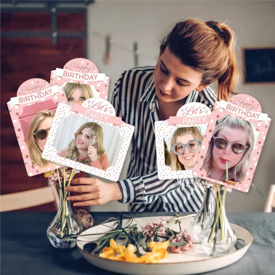 Big Dot of Happiness Pink Rose Gold Birthday - Happy Birthday Party Picture Centerpiece Sticks - Photo Table Toppers - 15 Pieces {3}