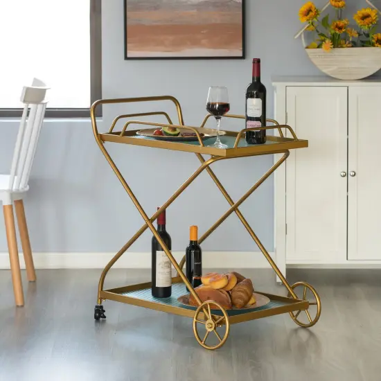 Gold Metal Wine Bar Serving Cart with Rolling Wheels and Handles for Dining, Living room or Entryway {5}