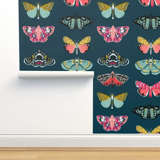 Peel & Stick Wallpaper 2FT Wide Butterflies Insect Nature Moth Botanical Bugs Girl Pink Custom Removable Wallpaper by Spoonflower {2}