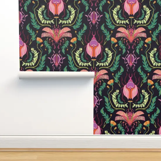 Pre-Pasted Wallpaper 2FT Wide Bugs Damask Nature Art Deco Garden Spring Kids Nouveau Black Pink Teal Beetles Dandelions Insects Caterpillar Custom Pre-pasted Wallpaper by Spoonflower {2}