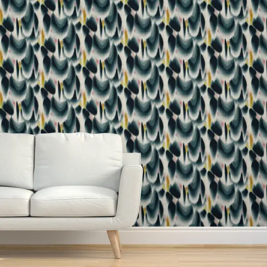 Peel & Stick Wallpaper 2FT Wide Abstract Indigo Tie Dye Japanese Inspired Watercolor Ikat Navy And Mustard Ombre Custom Removable Wallpaper by Spoonflower {5}