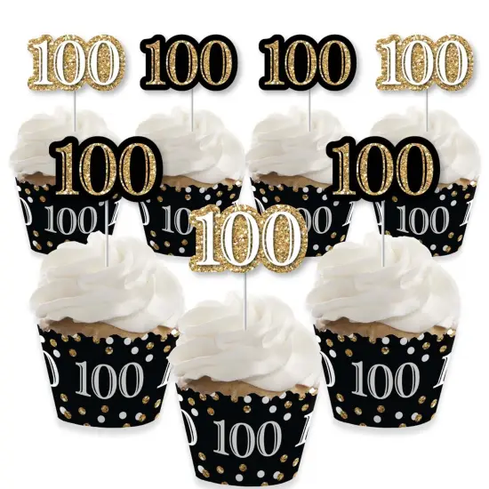Big Dot of Happiness Adult 100th Birthday - Gold - Cupcake Decoration - Birthday Party Cupcake Wrappers and Treat Picks Kit - Set of 24 {1}