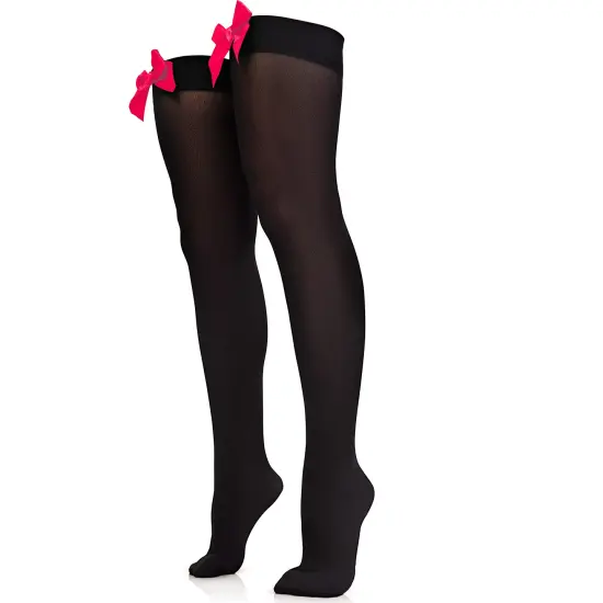 Bow Accent Thigh Highs - Black Over the Knee High Stockings with Red Satin Ribbon Bow Accent for Women and Girls {1}