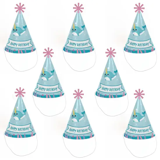 Big Dot of Happiness Narwhal Girl - Cone Happy Birthday Party Hats for Kids and Adults - Set of 8 (Standard Size) {7}