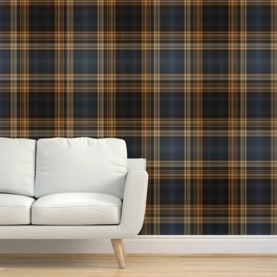 Pre-Pasted Wallpaper 2FT Wide Blue Brown Tartan Traditional English Scottish Masculine Rustic Large Scale Classic Style Elegant Custom Pre-pasted Wallpaper by Spoonflower {5}