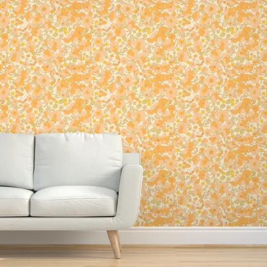 Peel & Stick Wallpaper 2FT Wide 1970S Floral Yellow Flowers Peach 70S Nursery Sunny Blooming Bohemian Pattern Illustrated Flower Power Custom Removable Wallpaper by Spoonflower {5}