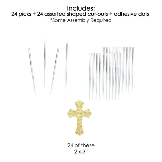 Big Dot of Happiness Gold Glitter Cross - No-Mess Real Gold Glitter Dessert Cupcake Toppers - Baptism or Baby Shower Clear Treat Picks - Set of 24 {7}
