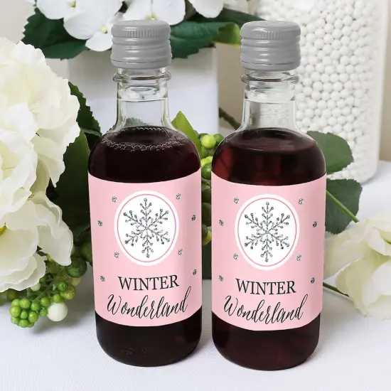 Big Dot of Happiness Pink Winter Wonderland - Mini Wine & Champagne Bottle Label Stickers - Snowflake Birthday Party or Baby Shower Favor Gift - 16 Ct {6}