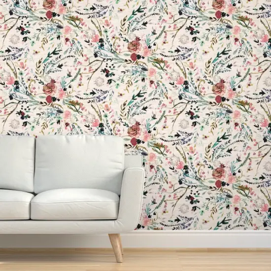 Peel & Stick Wallpaper 2FT Wide Romantic Floral Woven Look Watercolor Blooms Feminine Flowers Botanical Custom Removable Wallpaper by Spoonflower {5}