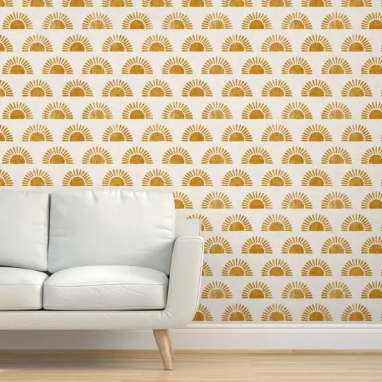 Peel & Stick Wallpaper 2FT Wide Boho Block Print Sun Sunshine In Golden Orange Custom Removable Wallpaper by Spoonflower {5}