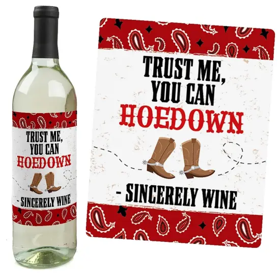 Big Dot of Happiness Western Hoedown - Wild West Cowboy Party Decorations for Women and Men - Wine Bottle Label Stickers - Set of 4 {3}