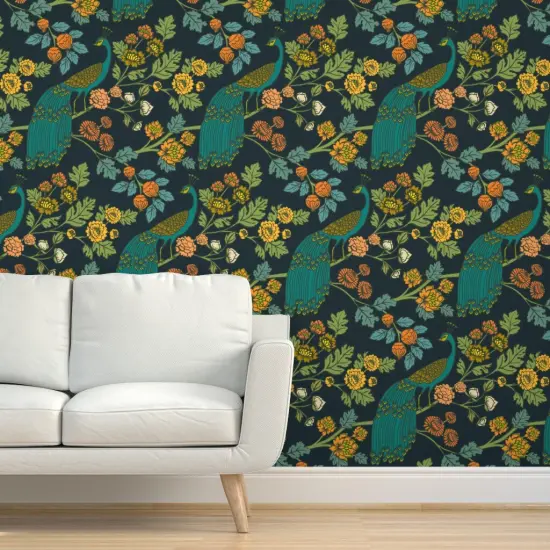Pre-Pasted Wallpaper 2FT Wide Chinoiserie Emerald Peacock Garden Rococo Morris Peacock Bird Art Nouveau Peacocks European Custom Pre-pasted Wallpaper by Spoonflower {5}
