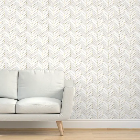 Pre-Pasted Wallpaper 2FT Wide Chevron Painted White Gold Stripe Herringbone Mod Golden Print Look Custom Pre-pasted Wallpaper by Spoonflower {5}