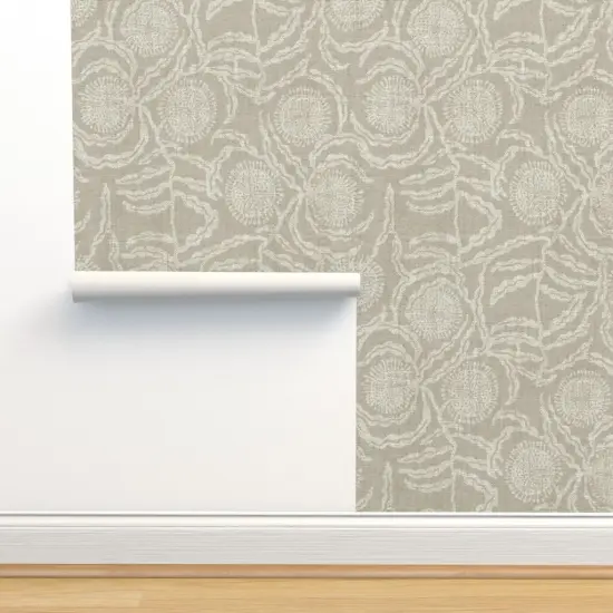 Pre-Pasted Wallpaper 2FT Wide Vintage Floral Neutral Natural Linen Look Rustic Farmhouse Transitional French Botanical Vines Leaves Faux Texture Custom Pre-pasted Wallpaper by Spoonflower {2}