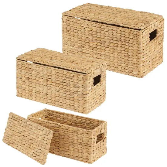 mDesign Woven Water Hyacinth Storage Basket, Lid/Handles, Set of 3 {5}