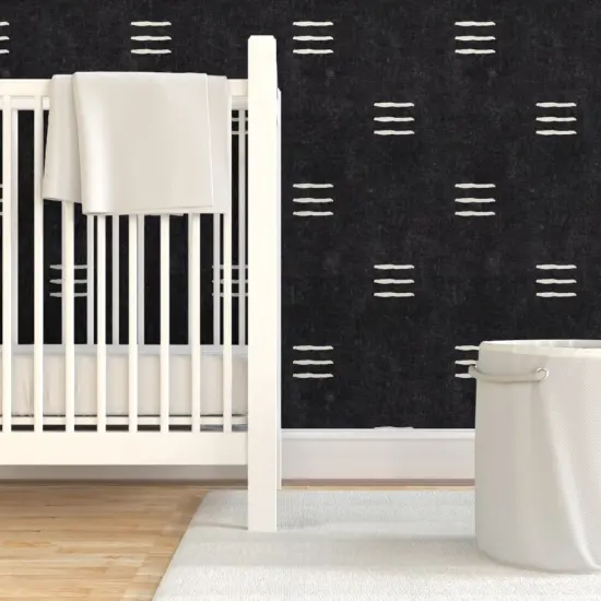 Pre-Pasted Wallpaper 2FT Wide Mudcloth Black White Dark Modern Boho Trendy Tribal Stripes Farmhouse Bohemian Custom Pre-pasted Wallpaper by Spoonflower {7}