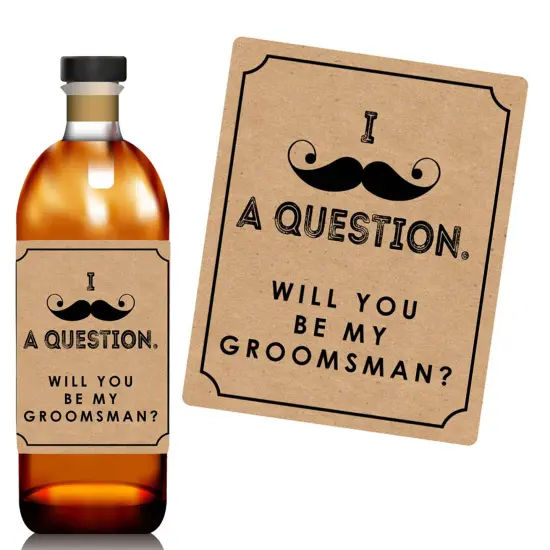 Big Dot of Happiness Kraft Mustache - Will You Be My Groomsman Gift for Men - Whiskey or Wine Bottle Label Stickers - Set of 4 {3}