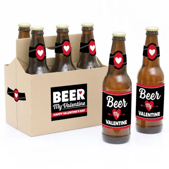 Big Dot of Happiness Happy Valentine's Day - Valentine Hearts Party Decorations for Women and Men - 6 Beer Bottle Label Stickers and 1 Carrier {1}