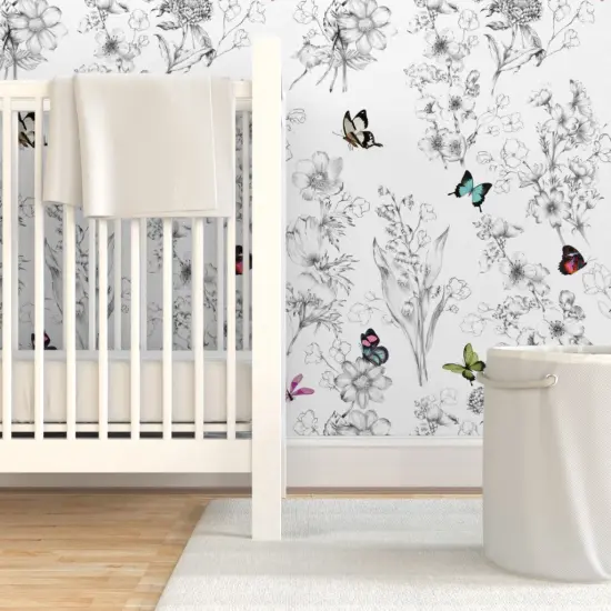 Pre-Pasted Wallpaper 2FT Wide Butterflies Butterfly Sketch Black And White Botanical Custom Pre-pasted Wallpaper by Spoonflower {7}