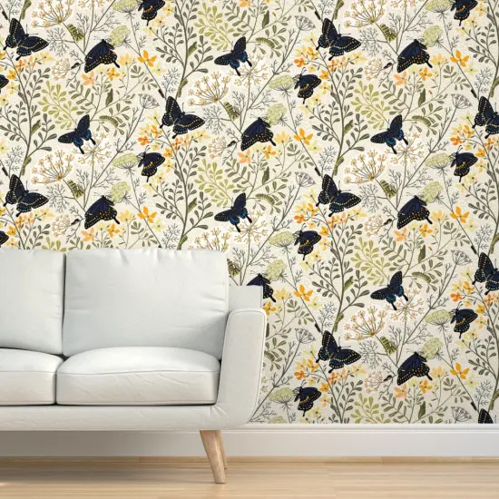 Pre-Pasted Wallpaper 2FT Wide Garden Butterflies Flowers Butterfly Bag Garden Botanical Dill Herbs Caterpillar Swallowtail Rue Chrysalis Custom Pre-pasted Wallpaper by Spoonflower {5}
