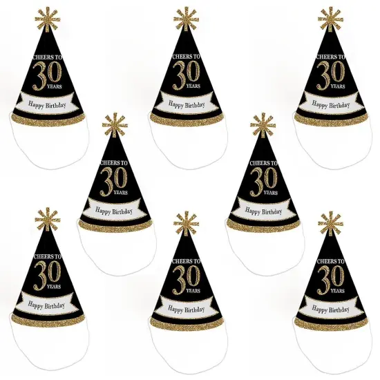 Big Dot of Happiness Adult 30th Birthday - Gold - Cone Birthday Party Hats for Adults - Set of 8 (Standard Size) {7}