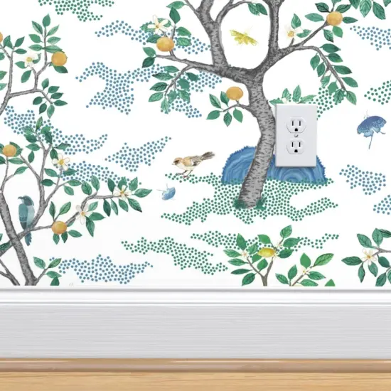 Peel & Stick Wallpaper 2FT Wide Orchard Toile Bird Green Blue Citrus Trees Large Scale Oranges Lemon Toile Chinoiserie Mural Grove Custom Removable Wallpaper by Spoonflower {4}