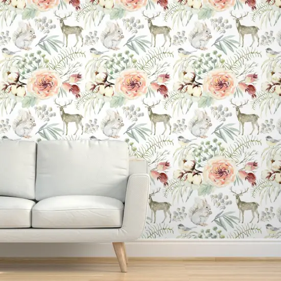 Peel & Stick Wallpaper 2FT Wide Winter Woodland White Floral Elegant Deer Forest Rabbit Snow Custom Removable Wallpaper by Spoonflower {5}