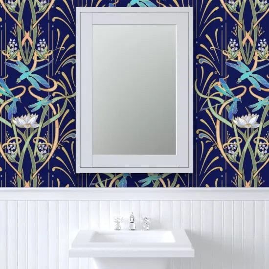 Peel & Stick Wallpaper 2FT Wide Bold Art Nouveau Large Scale Dragonflies Aqua Lotus Lily Of The Valley Water Garden Custom Removable Wallpaper by Spoonflower {6}
