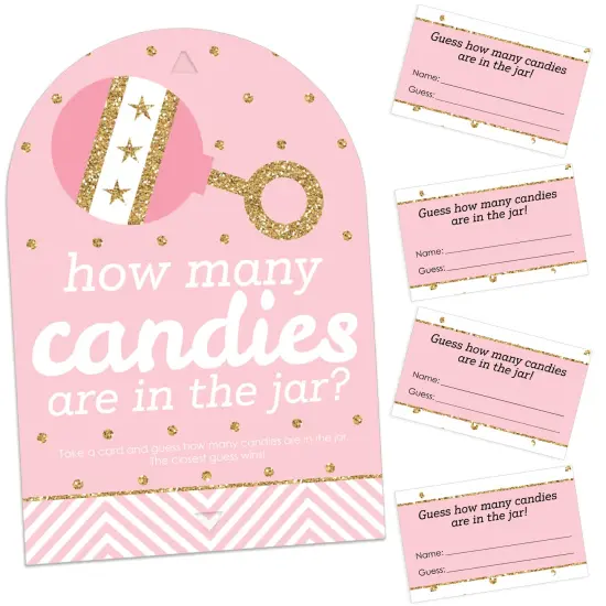 Big Dot of Happiness Hello Little One - Pink and Gold - How Many Candies Girl Baby Shower Game - 1 Stand and 40 Cards - Candy Guessing Game {1}