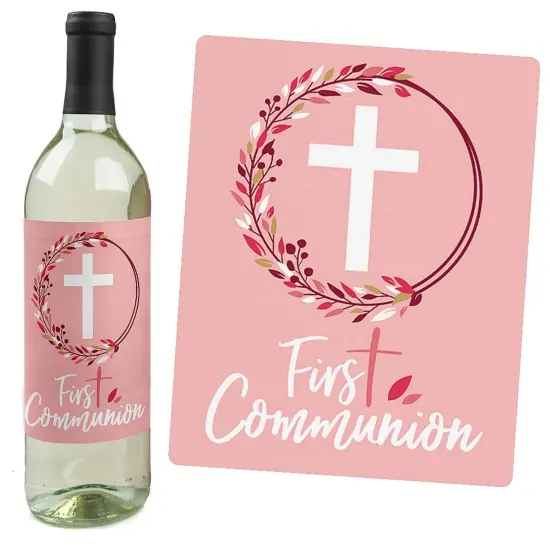Big Dot of Happiness First Communion Pink Elegant Cross - Girl Religious Party Decorations for Women and Men - Wine Bottle Label Stickers - Set of 4 {3}