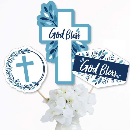 Big Dot of Happiness Blue Elegant Cross - Boy Religious Party Centerpiece Sticks - Table Toppers - Set of 15 {3}