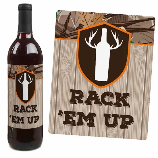 Big Dot of Happiness Gone Hunting - Deer Hunting Camo Baby Shower or Birthday Party Decor for Women and Men - Wine Bottle Label Stickers - Set of 4 {7}