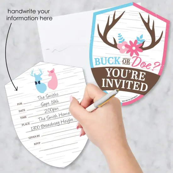Big Dot of Happiness Buck or Doe - Shaped Fill-In Invitations - Hunting Gender Reveal Party Invitation Cards with Envelopes - Set of 12 {3}